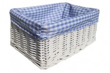 White Wicker Basket & BLUE GINGHAM Liner - Nursery Storage Baby Gift Hamper 24cm