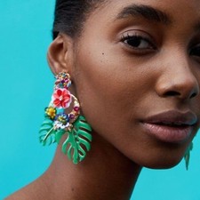Zara Green Enamel Leaf Bead Vine Gold Metal Flower Drop Statement Earrings