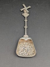 Vintage Dutch Scenic Tea Caddy Shovel Spoon Windmill Handle- Silver Plate 