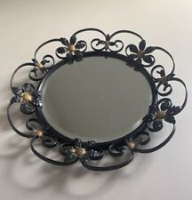 Vintage Round Mirror Scroll & Leaf Black & Gold Metal Frame MCM  Mid Century