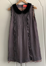 Manoush 100% Silk Ruffle Trim Shift Dress-Pompom Detail Collar & Sleeves Size 42