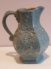 Relief Moulded Gilded Grey Stoneware Bird Nest/Flowers Jug Masons Snake Handle