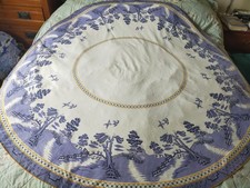 ROUND WILLOW PATTERN BLUE WHITE TABLECLOTH 66 INCH DIAMETER COTTON POLY