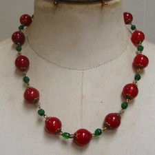 Vintage carnelian glass lampwork ball beads & emerald green melon spacers