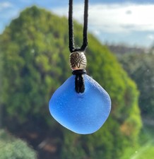 Sea Glass Sea Blue Necklace Silver Bead Cotton Cord Surf Beach Fun Gift