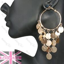 9.5cm big CHANDELIER HOOP EARRINGS hoops DISCS boho GOLD TONE gypsy coin drop