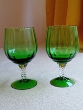 Vintage Hand-Blown Emerald Green Glasses with Clear Twisted Stem (Set of 2) 