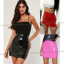 LADIE WOMENS HIGH WAIST VINYL PVC SHINY WET LOOK MINI PENCIL BODYCON PARTY SKIRT