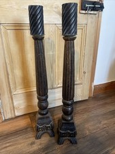 Pair Of Large Wooden Antique Candle Stick Holders