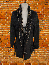VINTAGE WOMENS SIZE UK 6-8 FAUX FUR TRIM TIE CARDIGAN JUMPER BLACK WOOL VISCOSE