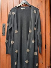 Biba Black Longline Coat Cardigan Statement Gold Logo Size M  10 12 38"