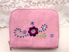 Pretty Pink Faux Moleskin 4" Small Purse Coins, cards, I.D. Embroidered Flower.