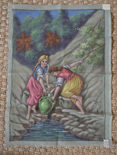 VINTAGE 1930s "Water Gatherers" printed tapestry canvas needlepoint