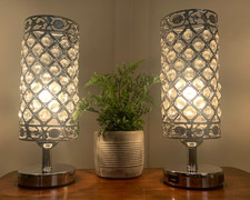 PAIR OF VINTAGE STYLE SILVER CHROME SPARKLY CRYSTAL BEDSIDE TABLE LAMPS 12.5"H