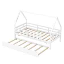 Kids House Bed with Trundle Wooden Platform Bed w/ Full Length Safety Guardrails