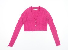 Zara Womens Pink Ribbed Cardigan Small Slim Fit Wool Alpaca Blend