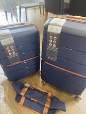 BRITISH TRAVELLER 2 PIECE HARD SHELL SPINNER SUITCASE SET IN NAVY/BROWN