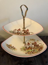 Vintage Sandland Ware England Mid-Century Hunting Scene Two-Tier Cake Stand