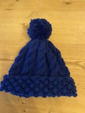 New HAND KNITTED Bluebell Blue Bobble Hat Cable Pattern Large Child 42cm