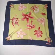 Tiffany & Co Silk Scarf with Iris Flower Design Navy & Light Pink & Green
