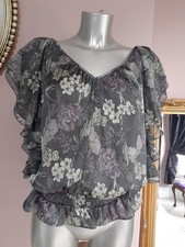 *JASPER CONRAN* DEBENHAMS  Floaty Floral Grey purple  Top Frilly Short Sleeves 