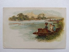 Vintage Art Postcard, River, Sculls Boat race, Leisure Boat, Crowd's