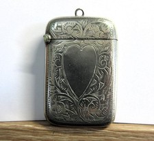 Antique EDWARDIAN Albo Silver VESTA CASE, MATCH SAFE, Scroll & Heart Decoration