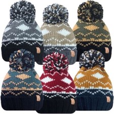 Mens Ladies Adult Winter Bobble Beanie Hat Thick Insulated Fleece Thermal Lining