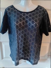 Next Navy Floral Lace Overlay Top UK size 12 Short Sleeve Semi Sheer