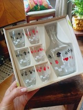Vintage French Decanter / Carafe Set and 6 Glasses, Cards, Poker Themed, Boxed