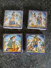 Four Antique Spanish Painted Tiles Azulejos  7cms square