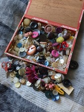 Wooden Cigar Box Of Buttons. Multiple Types, Sizes And Colours. Vintage. Crafts.