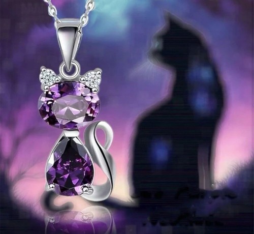 Silver purple cat necklace - &,