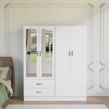 White 4 Door Double Wardrobe with Mirror Ready Assembled 2 Bottom Drawers