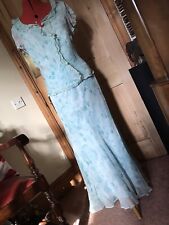 SILK SKIRT SUIT TWO PIECE SET SWIRLY LINED PALE TURQUOISE BLUE FLORAL WEDDING 16
