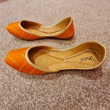 KHUSSA EID LEATHER WEDDING ORANGE GOLD PAKISTAN INDIAN SHOES NEW