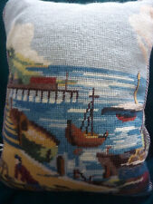 New Hand Sewn Wool Vintage Tapestry Cushion Fisherman Fishing Boats 11X14ins