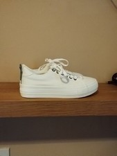 Bnwt Ladies Platform Style White Canvas Back Stripe Lace Up Trainers Size 5