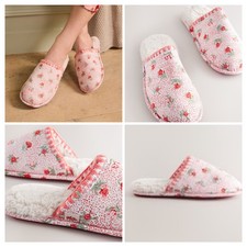 BNWT Laura Ashley Pink Ditsy Rose Mule Cosy faux fur lined Slippers Size 7-8