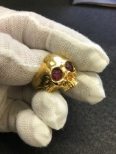 Skull Ring 18ct Gold Finish Size R, Heavy Silver, Ruby Eyes 11.86 grams