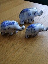 Vintage 3 Elephants Ceramic Figures blue and white mandala pattern 90s
