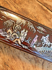 Vintage Chinese Box Set Ebony Silver Metal Chopsticks Mother of Pearl Lacquered