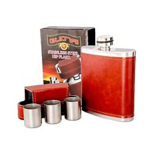 Brown Pocket Hip Flask 8Oz , Stainless Steel Leather Wrap Cover Leak Proof +cups