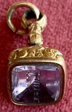 Antique Ornate 9ct Gold watch Fob Pendant  With Engraved Amethyst Gem Seal. 7.1g