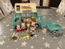 SYLVANIAN FAMILIES CAMPERVAN WITH TRAILER TOWBAR CHOCOLATE RABBIT FAMILY FIGURES