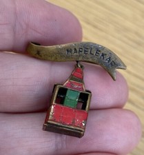 Vintage Unusual Brass Badge Brooch Hafelekar Red Green Paint / Enamel? Cable Car