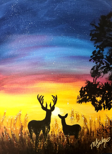 Deer sunset painting 12x16 - sunset,