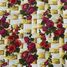 Lovely unused vintage 50's barkcloth curtain fabric - by the M - hollyhocks