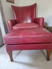 Old Burgundy Leather Armchair With Matching Footstool