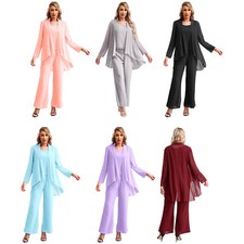 UK Women Chiffon Lace 3 Pieces Sets Mother of The Bride Pant Suits Evening Gowns